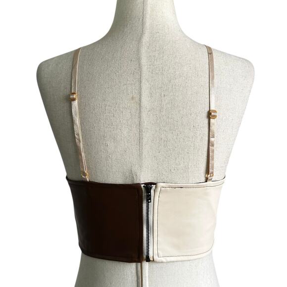 Shein Brown/Cream Color Blocked Faux Leather Crop Top Women's Size Small 10-16-2 - Picture 2 of 6